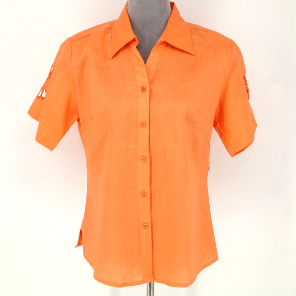 JMP Top Womens Medium Orange Linen Embroidered Cut Outs Blouse Button New - Picture 1 of 11